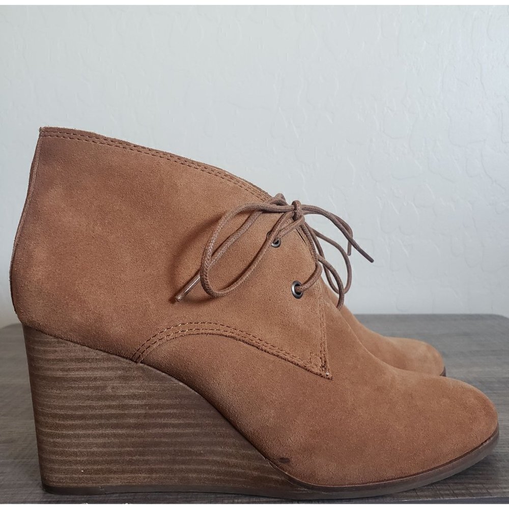 Lucky Brand Shijo Suede Leather Ankle Bootie Stacked Wedge Tan Size Women's 9.5